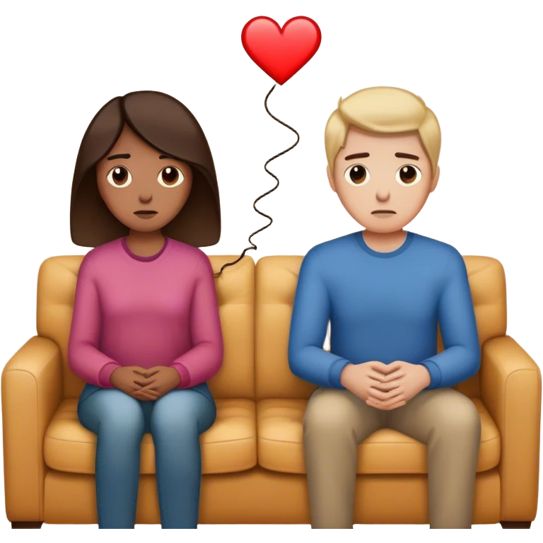 A couple sits on opposite sides of a couch, looking disconnected. Between them, a faint, invisible thread connects their hearts—but it’s fraying. One of them hesitates, reaching out, unsure whether to fix it or let it snap emoji