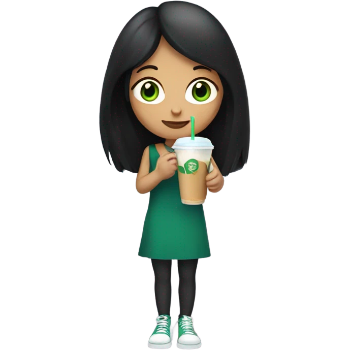 Girl with long black hair green eyes drinking an ice coffee  emoji