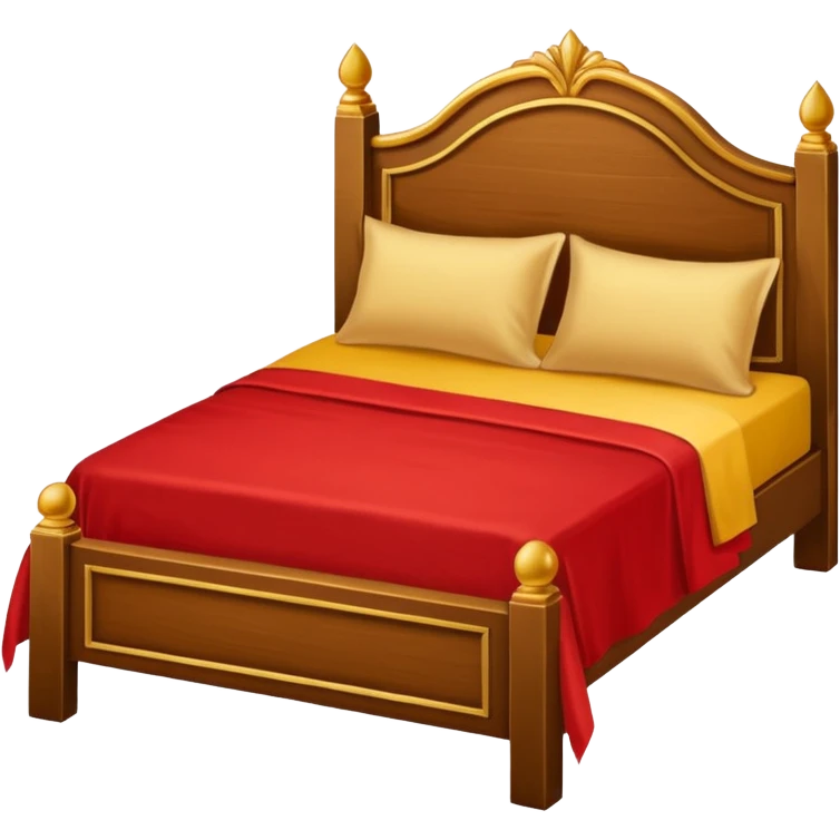 bed with red and gold sheets, wooden emoji