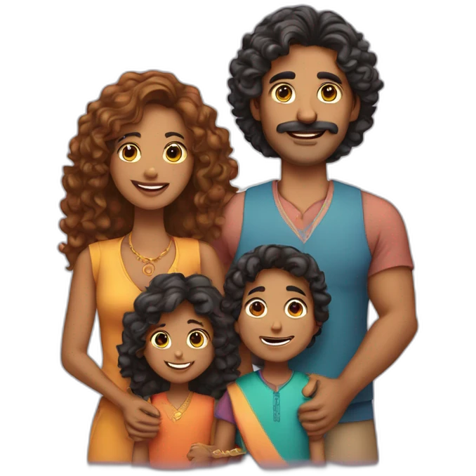 indian family with one dad and one son straight hair and one mom and one daughter curly hair emoji