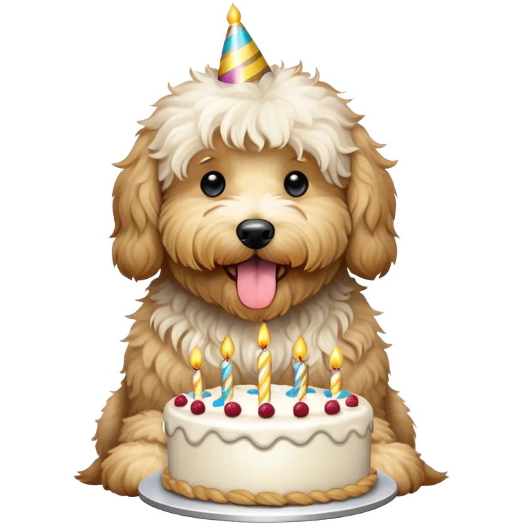 Shaggy large White Goldendoodle eating birthday cake  emoji