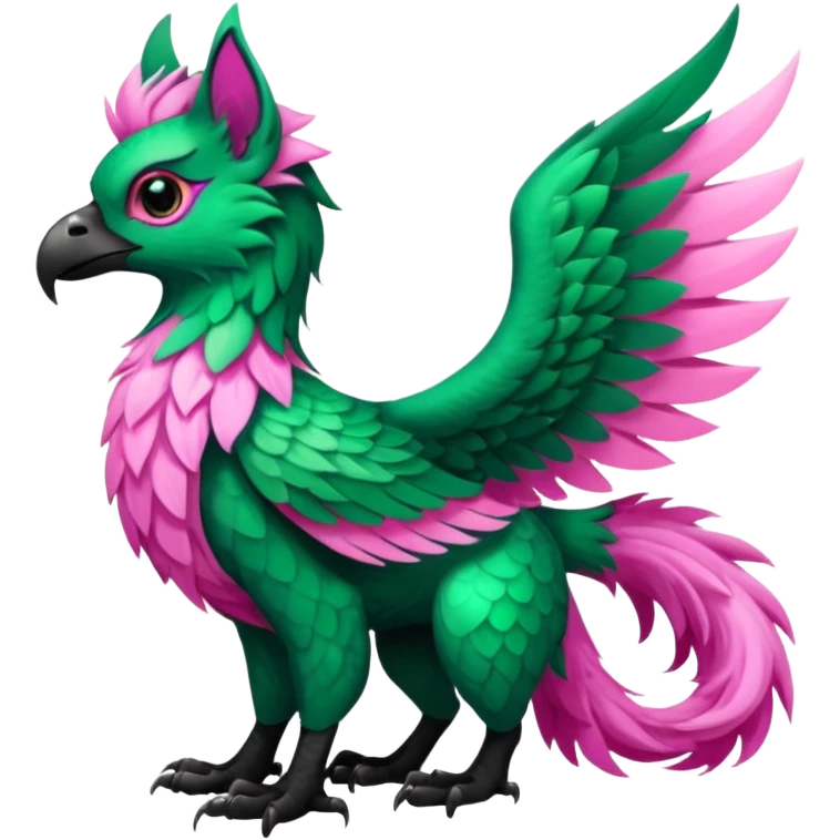 Emerald-green gryphon-Trico-fusion-hybrid with a long tufted tail, black beak, pink swirly pattern markings, black claws, black tail, majestic, realistic, furry (full body) emoji