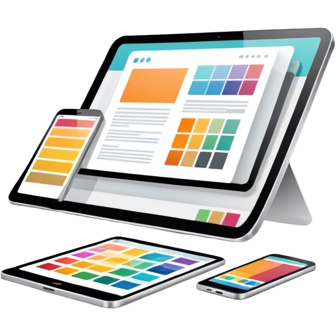 Modern icon for Web Design: a computer and smartphone or tablet screen displaying a website layout, HTML code, and design tools like a stilus and color palette. Transparent background. emoji