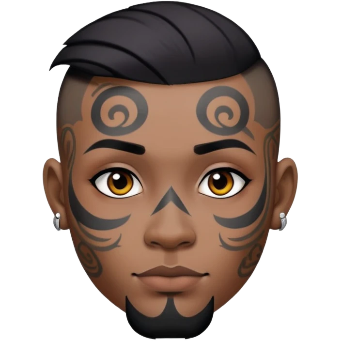 nam 30 tuổi, da đen, tóc undercut ngắn đen, có hình xăm trên mặt emoji