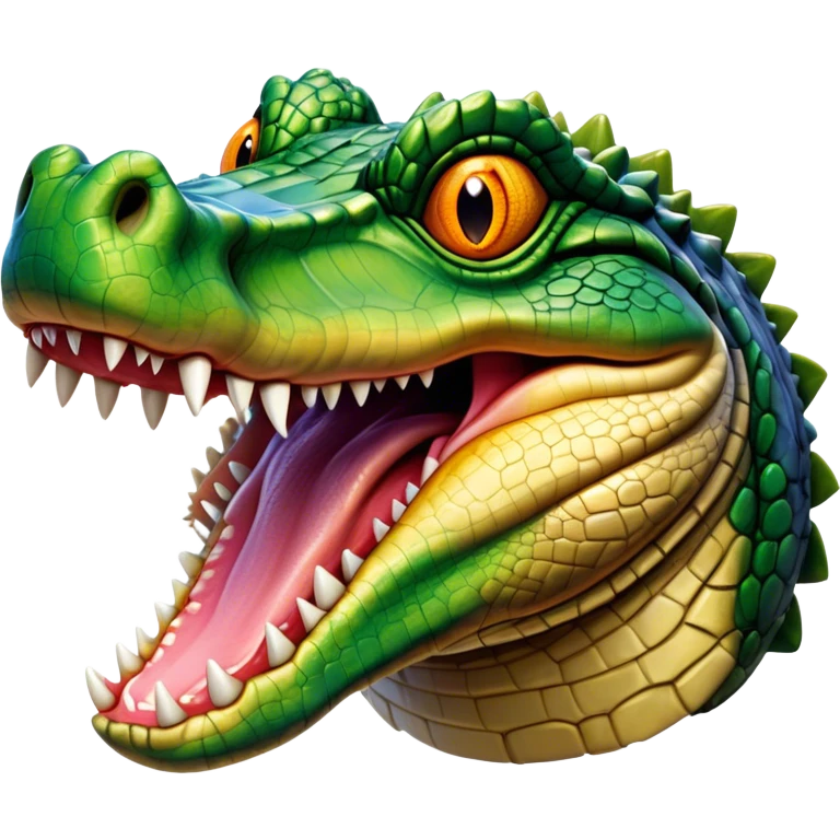 Cinematic Realistic Comical Crocodile Portrait Emoji, Head tilted dramatically with an exaggeratedly amused expression, featuring a striking, glossy scaly hide with bold textures and wide, expressive eyes full of playful disbelief, rendered with vivid natural hues and lifelike detail, high shine, dramatic yet playful, styled with an air of cheeky aquatic mischief, soft glowing outline, capturing the essence of a spirited and over‐the‐top crocodile that looks ready to snap its jaws in a burst of viral wild humor! emoji