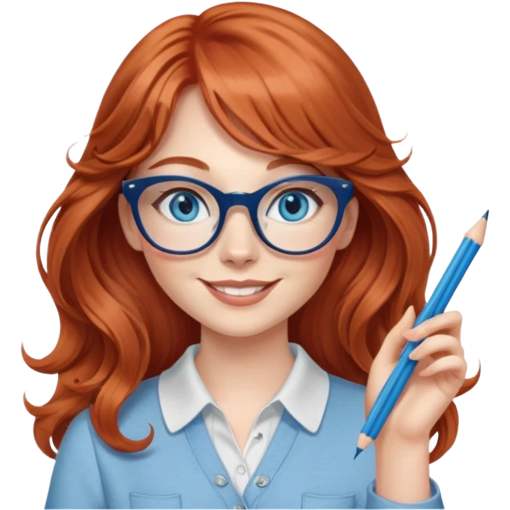 redheaded woman with very long wavy hair and bangs, blue eyes, clear cat-eye glasses, casual chic outfit, holding a pencil, smiling, waving emoji