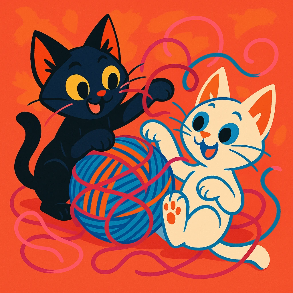 two mischievous kittens tangled in a ball of yarn, one black and one white, lively and colorful style emoji