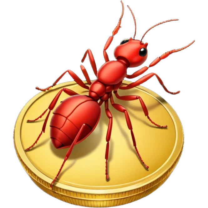 Red ant cartoon style with black shiny round with gold coins  emoji