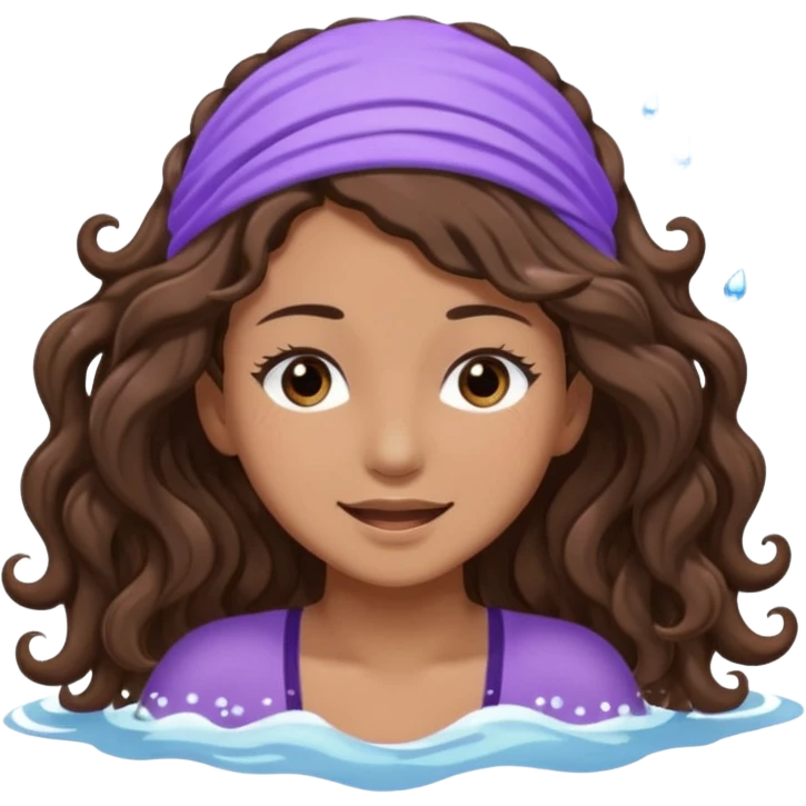 Sticker 3D joven de piel morena clara, ojos marrón oscuro y pestañas largas. Cabello castaño ondulado extralargo hasta la mitad de los glúteos. Viste DE lavanda. con abundante espuma  sobre su cabeza y manos en el pelo, ojos cerrados, expresión feliz. Render con destellos de agua. emoji