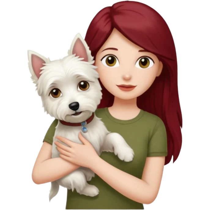 Westie white terrier dog being held by woman with dark red long hair and hazel eye wearing olive green top emoji