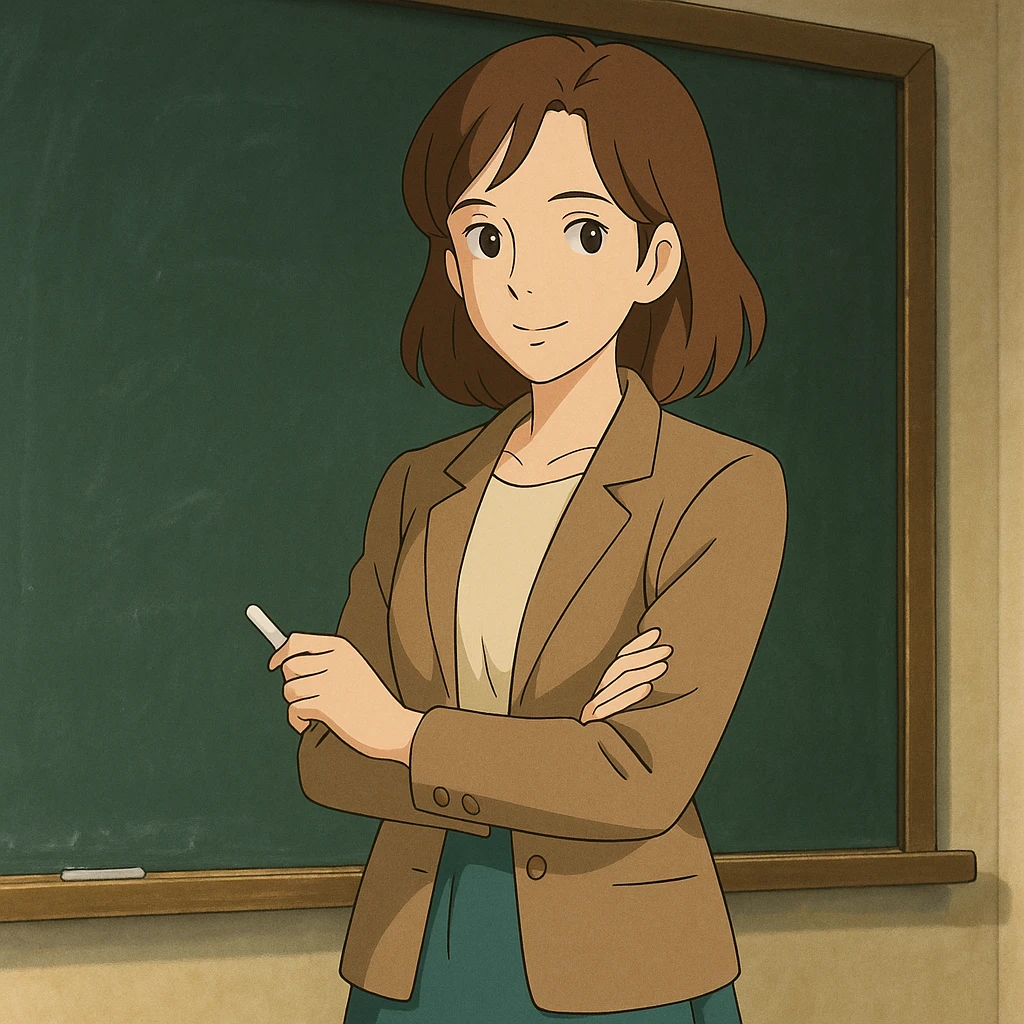 woman English teacher with brown hair, standing by a chalkboard, in ghibli style emoji