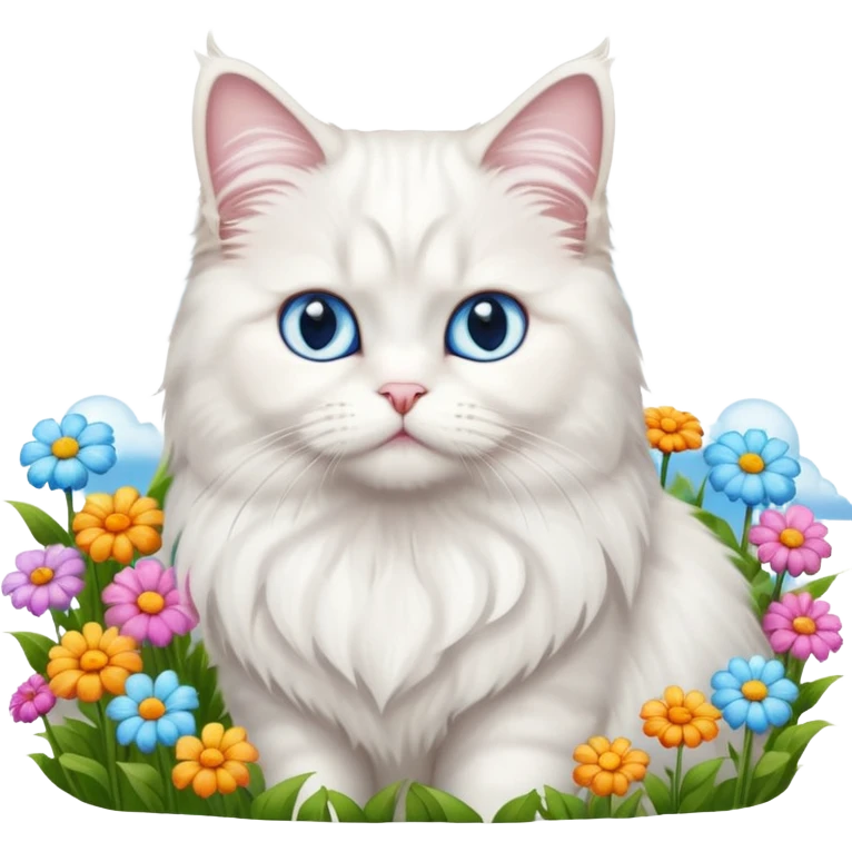White persian male cat turkish angore with skky blue eyes standing in feed of flowers emoji