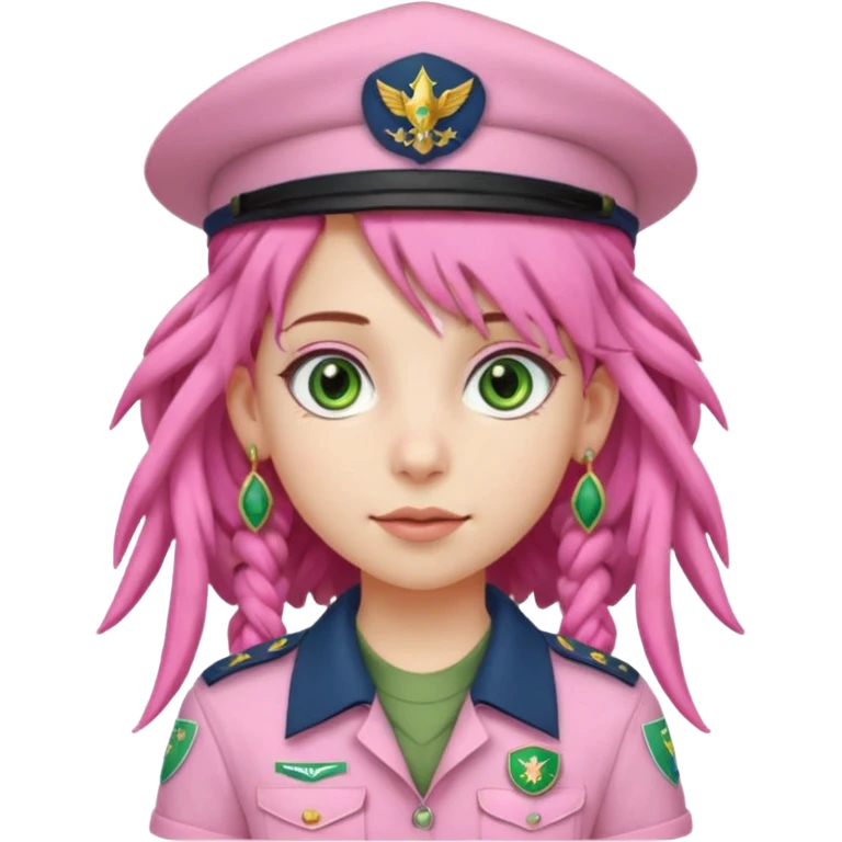 very pretty girl big green eyes, scout girl with pretty pink uniform, pink dreadlocks, and big earrings and scouts hat emoji