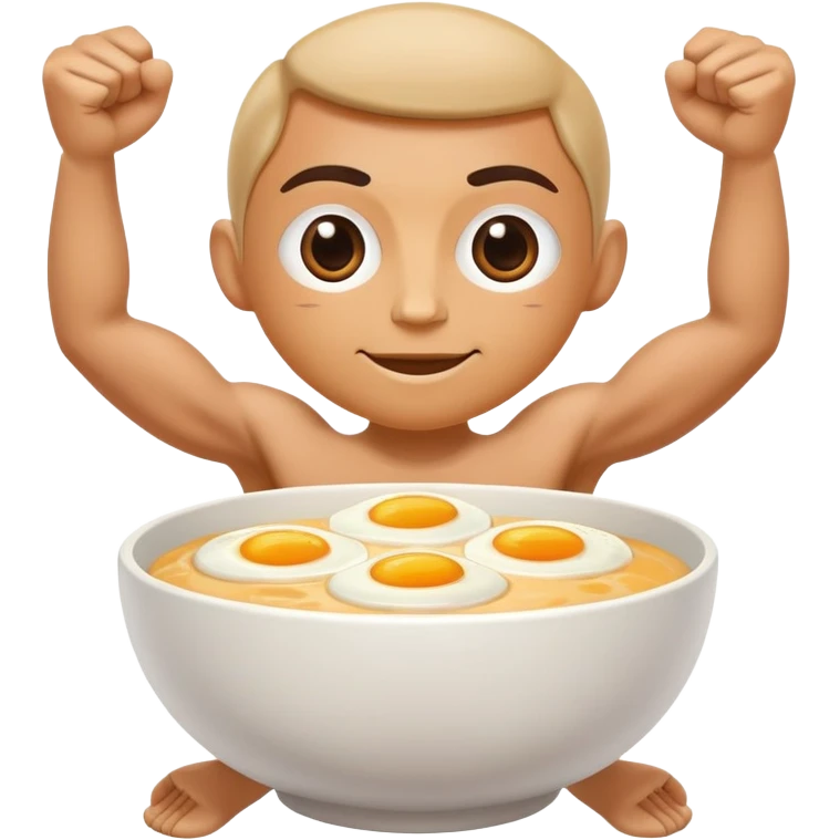 Breakfast bowl with a face on the bowl and arms and legs ready for gym emoji
