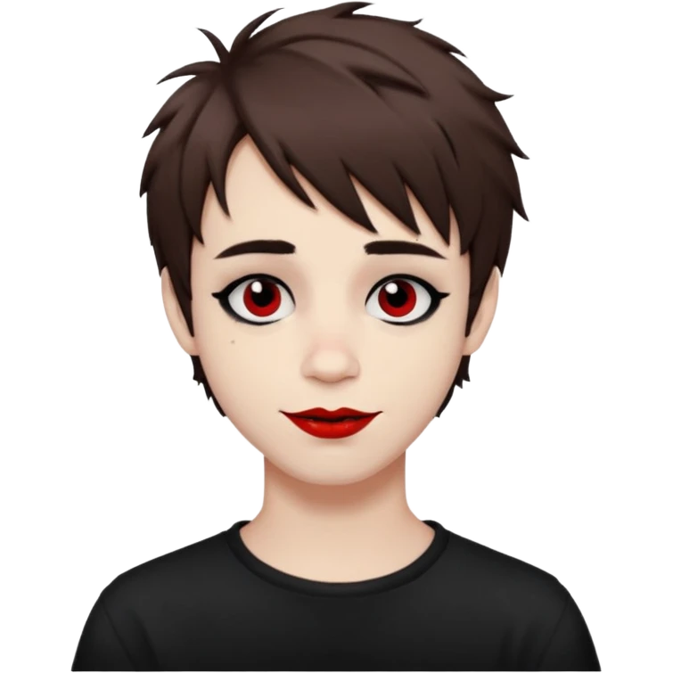 Happy pale Goth boy with shaggy brown hair, and messy black eyeliner , smudged, red, lipstick  emoji