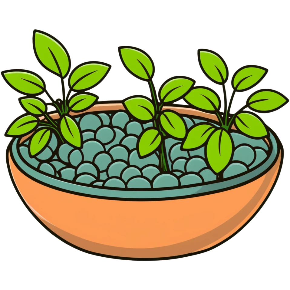 Shallow ceramic dish garden with Plectranthus Verticillatus sprouts featuring circular penny-shaped leaves arranged with decorative stones emoji