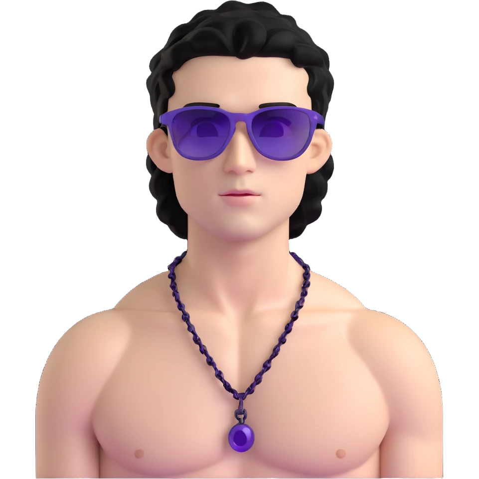 shirtless male athlete with white skin and moderately curly black hair on top with shaved sides, wearing purple sunglasses with black tinted lenses and a plain black chain necklace without pendant emoji