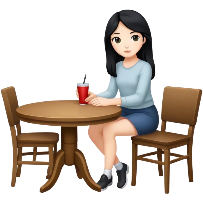 White girl full body sitting at table with black hair emoji