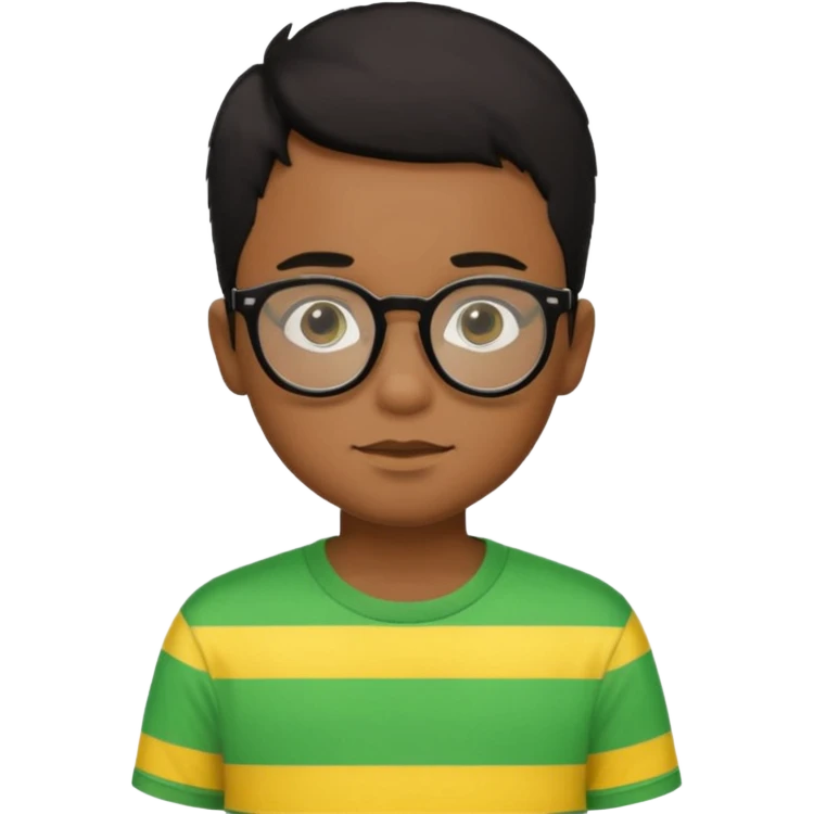 Menino pardo com cabelo curto preto, de óculos preto e blusa verde e amarela emoji