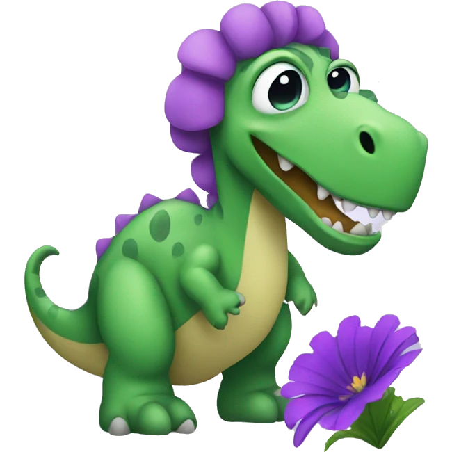 Green dino with violet flower emoji