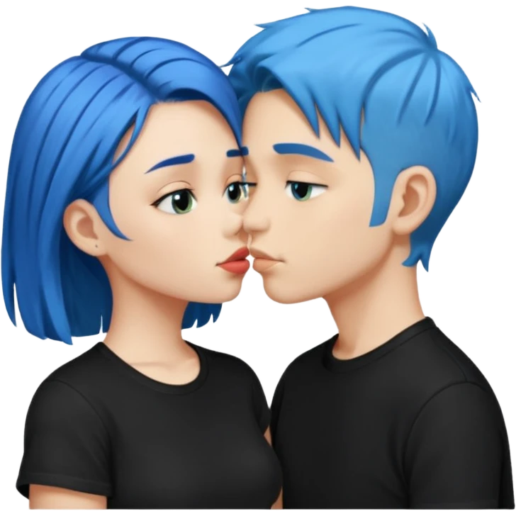 Happy dark Blue hair kissing blue hair boy both wearing black shirts emoji