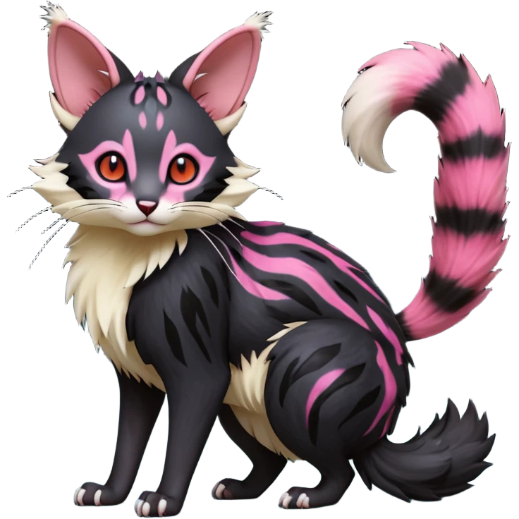 Hyper realistic  void-black fur haunted by crimson neon pulse-lines like living circuitry beautiful elegant pretty precious cute  Fakémon-Pokémon-opossum-feline-serval-caracal-chinchilla-Furret-Minccino-hybrid-creature with a big fluffy bushy tail (full body) emoji