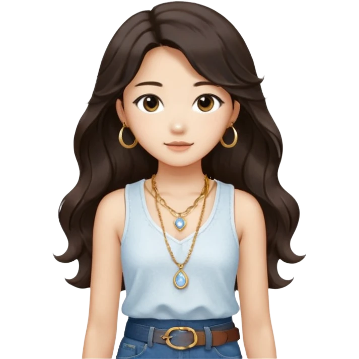 Stylish South Korean girl with long wavy dark hair, wearing a white textured sleeveless top, blue jeans, and a brown belt — soft lighting, cozy indoor vibe, a small, moonstone pendant necklace with a dainty gold chain adds a delicate touch emoji