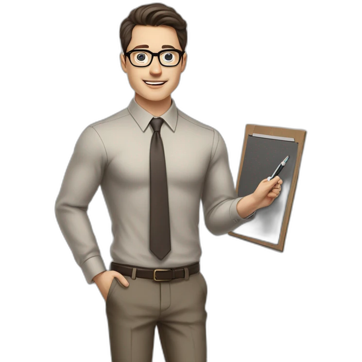 Pale skinned fit man with dark brown hair in gray jacket, beige office shirt, brown tie, brown pants and vintage glasses Writing on the marker board emoji