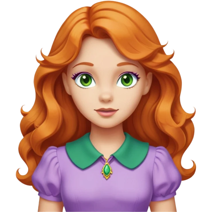daphne blake long orange wavy hair, green eyes and cute lilac dress with green collar from scooby doo  emoji