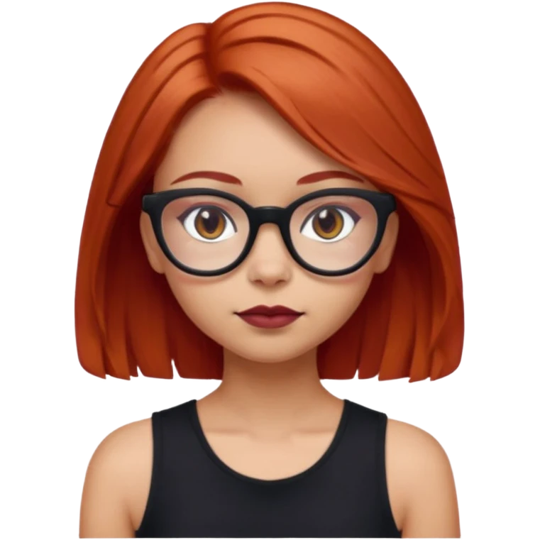 iPhone emoji of a girl with light red hair, shoulder-length hair, a small mole above her eyebrows, wearing a black sleeveless top, and subtle dark maroon cat-eye glasses. emoji