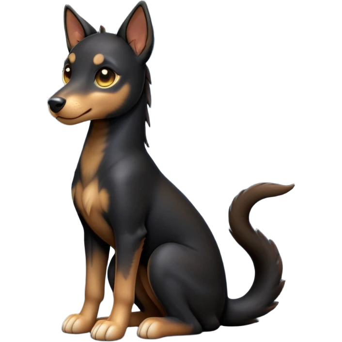 cinematic-[kelpie]-realistic-full-body-sitting-emoji,-tail-resting-loosely-beside-its-paws,-head-tilted-dramatically, -sleek-[Black and tan]-fur,-simplified-yet-realistic-focused-features,-highly-detailed,-glowing-with-an-almost-sarcastic-glow emoji