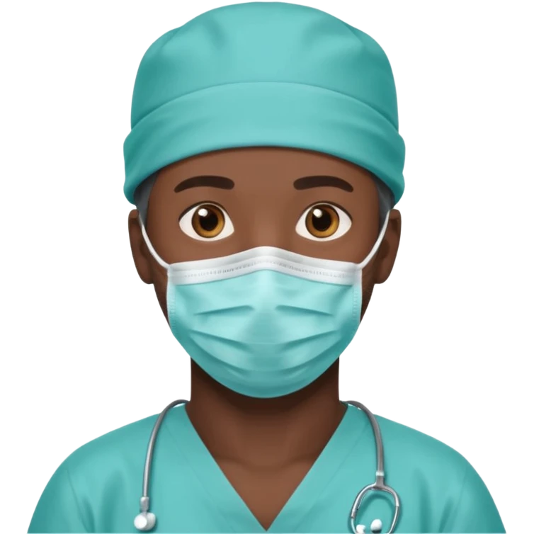 A dark-skinned man with brown eyes, wearing a teal surgical cap and face mask. emoji