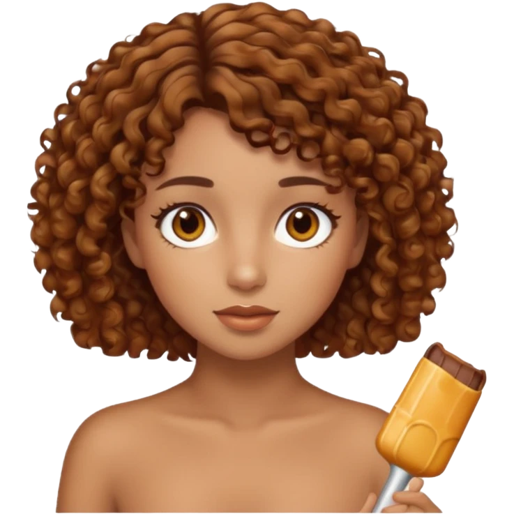 Tan girl with brown short curly hair with caramel highlights and brown eyes  emoji