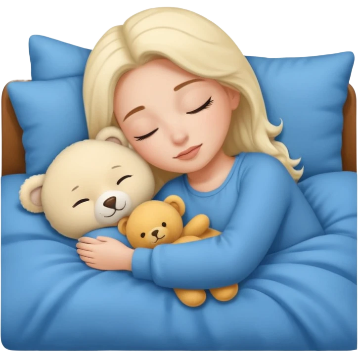 single-girl-in-Warm Cream-cozy-blue-bed-sleeping-pretty-eyelashes-light-skin-with toy emoji