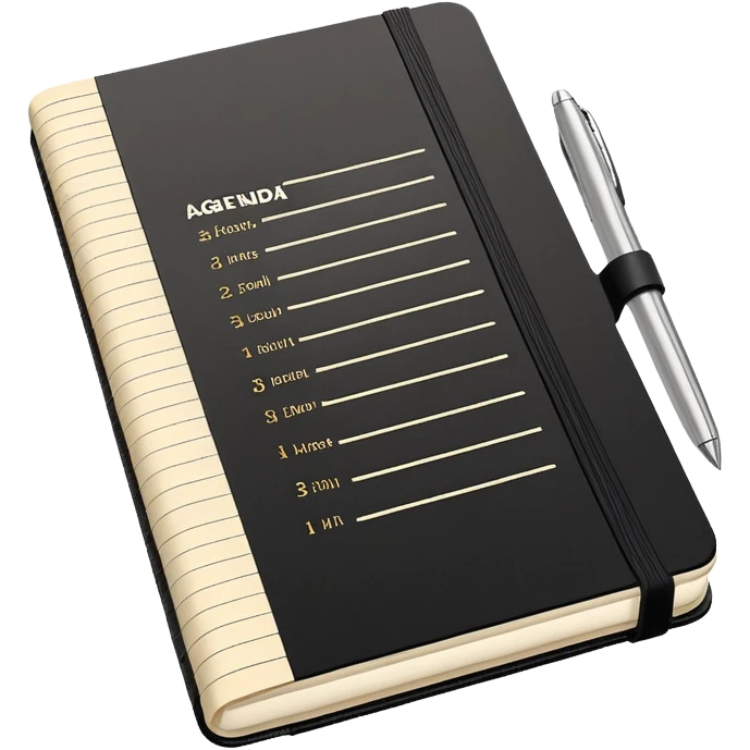 A detailed black Moleskine notebook open flat showing an agenda page with bullet points and a meeting schedule emoji