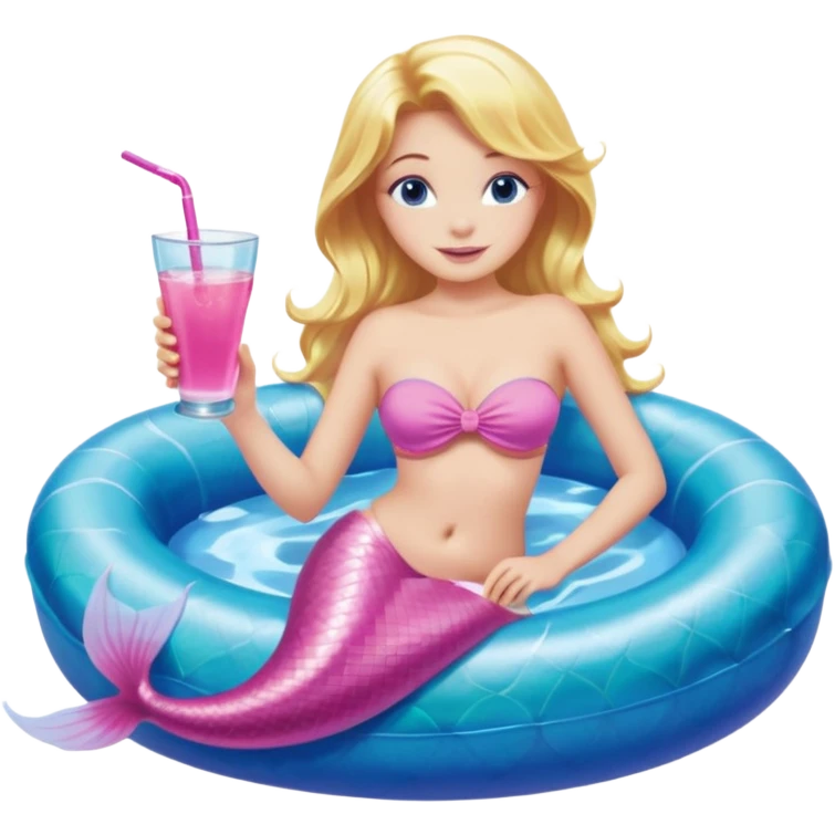 a mermaid with blonde hair and blue eyes sitting in a pink pool tube in a blue pool sipping a drink wearing a pink bikini top and a pink mermaid tail  emoji