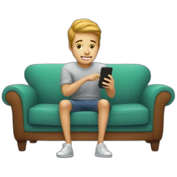 young guy scrolling with his phone on couch emoji