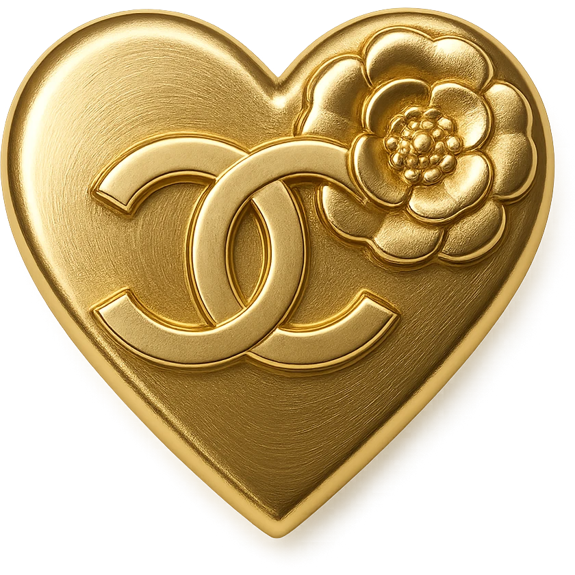 Chanel heart in metallic gold style with a black camellia flower, elegant and bold emoji