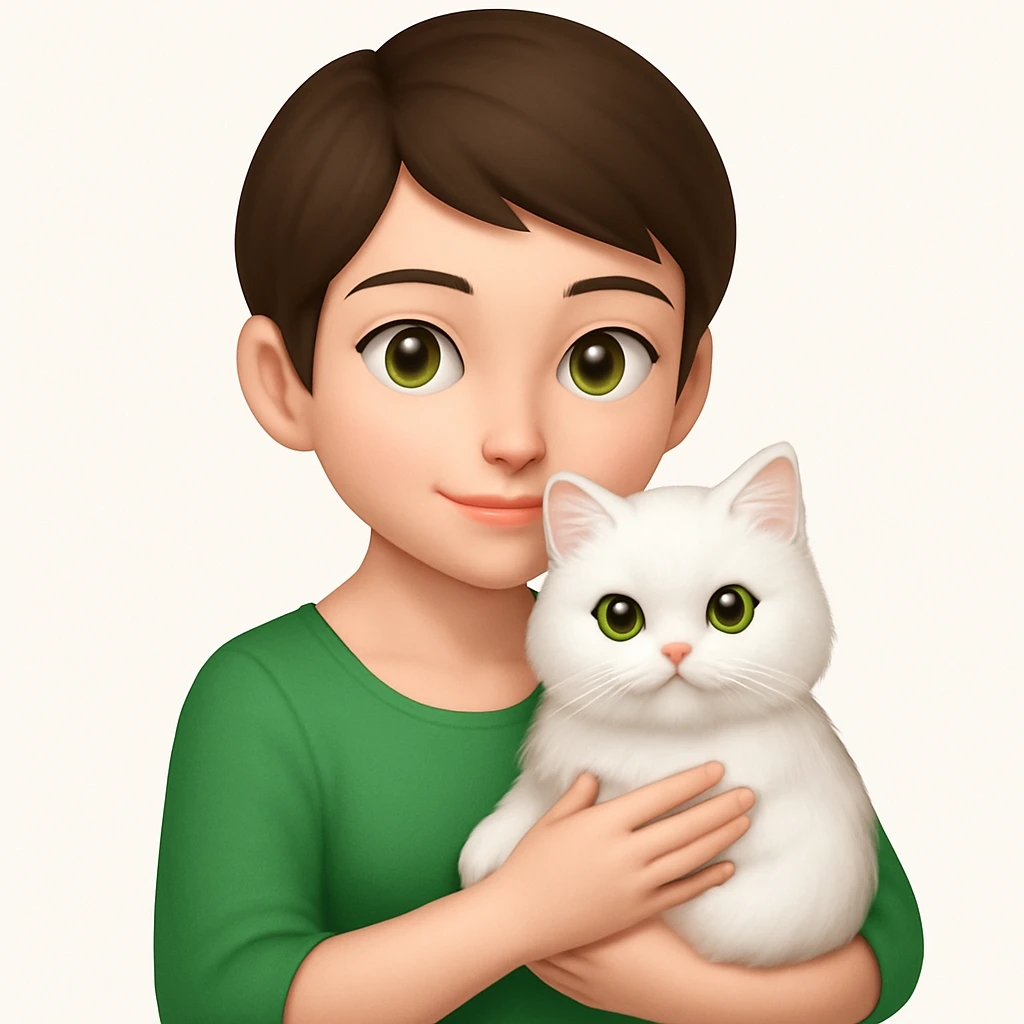 Brunette woman snuggling white Persian cat, emoji style, wearing a green dress, with a pixie cut emoji