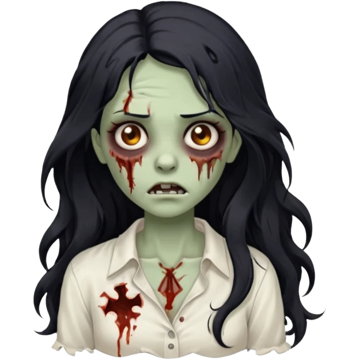 garota zumbi com cabelo preto ondulado longo blusa branca sem botões, lisa a blusa emoji