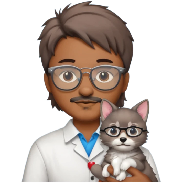 Glasses and mustach holding a kitten, the person should be brown and have a wolf cut mullet emoji