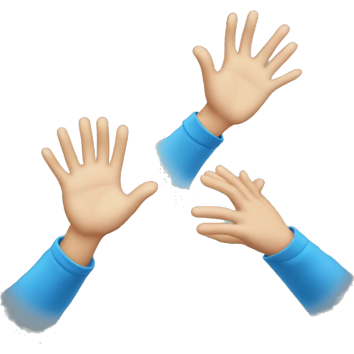person looking up with their hands in the air with blue eyes emoji