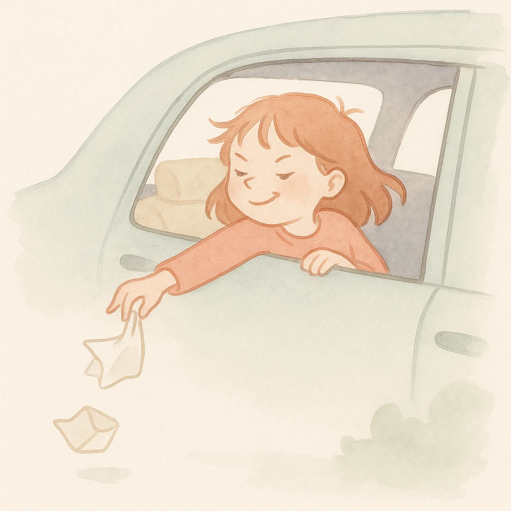 soft watercolor illustration in a minimalist modern style, pastel colors, delicate linework, gentle whimsical mood, minimal soft shading, scene of a mischievous girl sitting in the back seat of a car, throwing trash outside the window emoji
