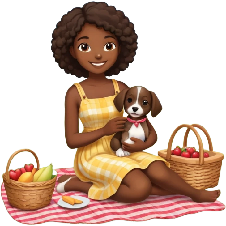 Black girl having a picnic with her puppy emoji