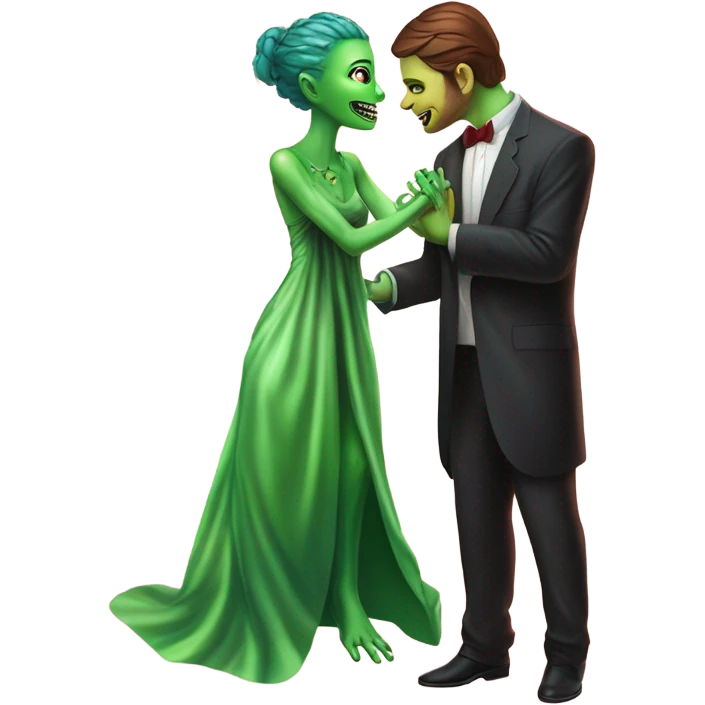 alien reptilian green skin woman, long slim pastel orange formal party satin dress with gradient shiny sparkling dark red, and caucasian man in black dres on his knees asks her to marry her emoji
