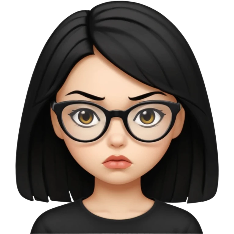 black midium length hair girl, with cateye black glasses. mad face, pouting emoji