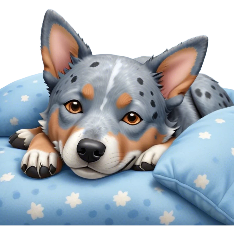 Meme-Worthy Cute Sleeping Blue Speckle Australian Cattle Dog Portrait Emoji, Head resting peacefully with a contented smile, showcasing a robust build and a luxuriously soft blue speckle Fur, eyes shut in a serene nap, Simplified yet hilariously adorable features, highly detailed, glowing with a soft, drowsy light, high shine, relaxed and utterly lovable, stylized with an air of playful laziness, bright and heartwarming, soft glowing outline, capturing the essence of a comically sleepy herder, so meme-worthy it feels like it could instantly become the next viral sensation of adorable slumber! emoji