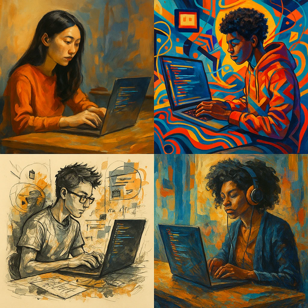 people coding on laptops, various art styles, diverse group, creative and dynamic scenes emoji