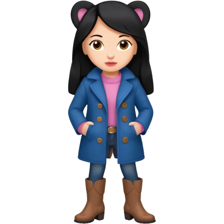 Gordita, ojos pequeños de color cafe oscuro, labios pequeños y rosados, piel trigueña, orejas pequeñas, cabello largo lazio y negro, pequeña. cuerpo completo. vestida con saco de lana jean color azul y botas color café. No le pongas orejas emoji