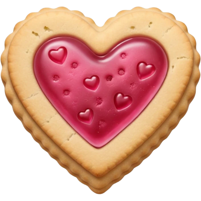 Realistic shortbread cookie in the shape of a heart with pink jelly emoji